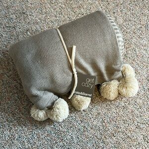 Crate & Barrel Grey Striped Throw with Pom Poms